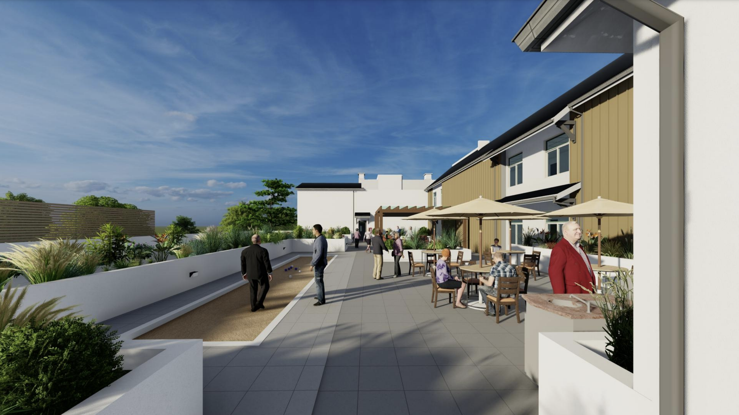 People gather and mingle on a rooftop patio at Saratoga Retirement Community
