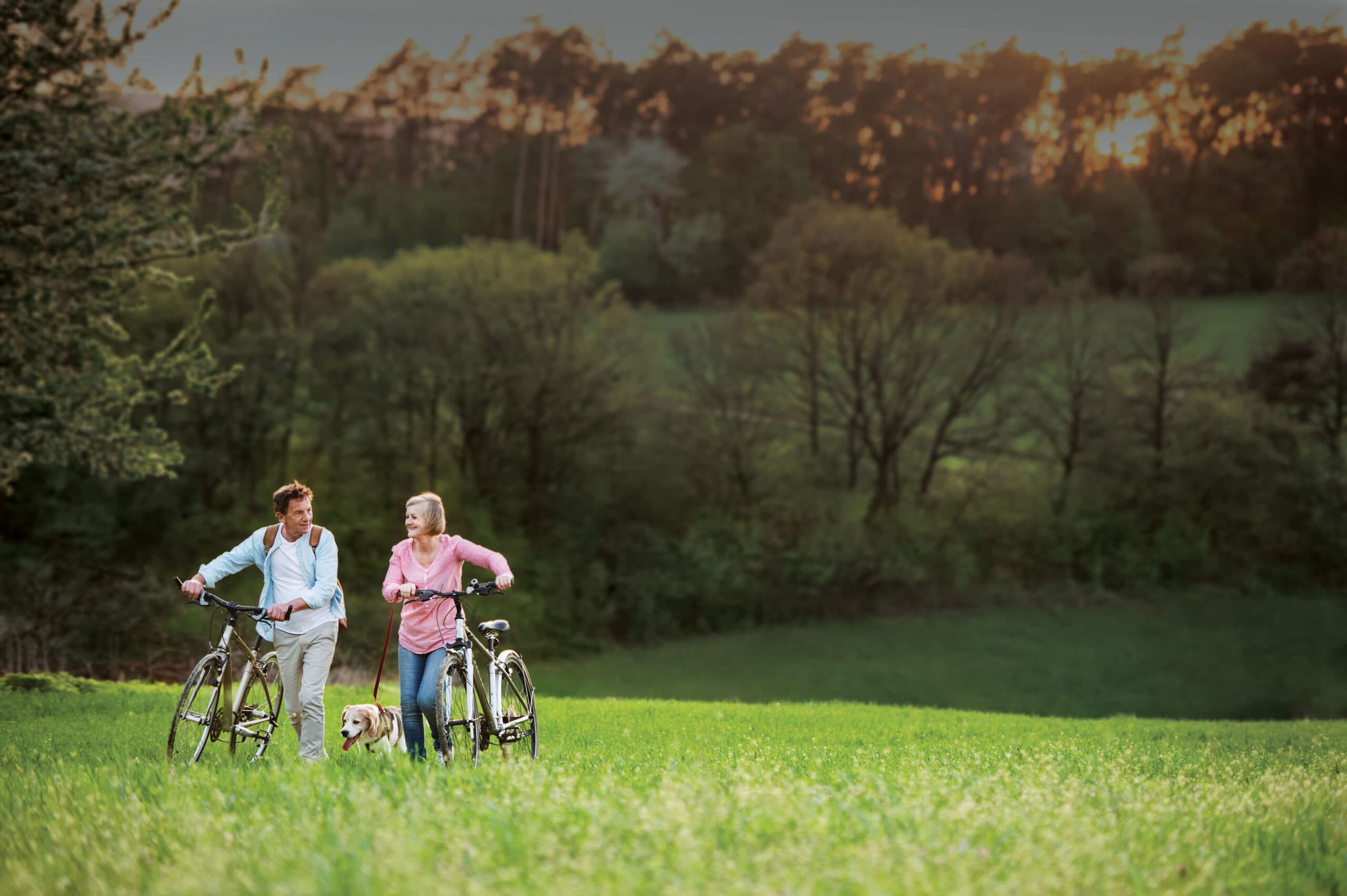 Smiling senior couple with bicycles and dog outside in spring nature.